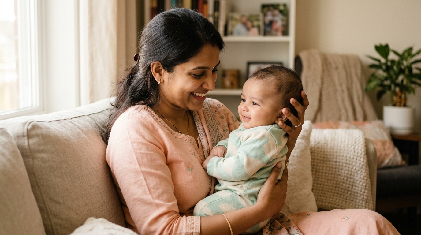 Indian mother holding baby